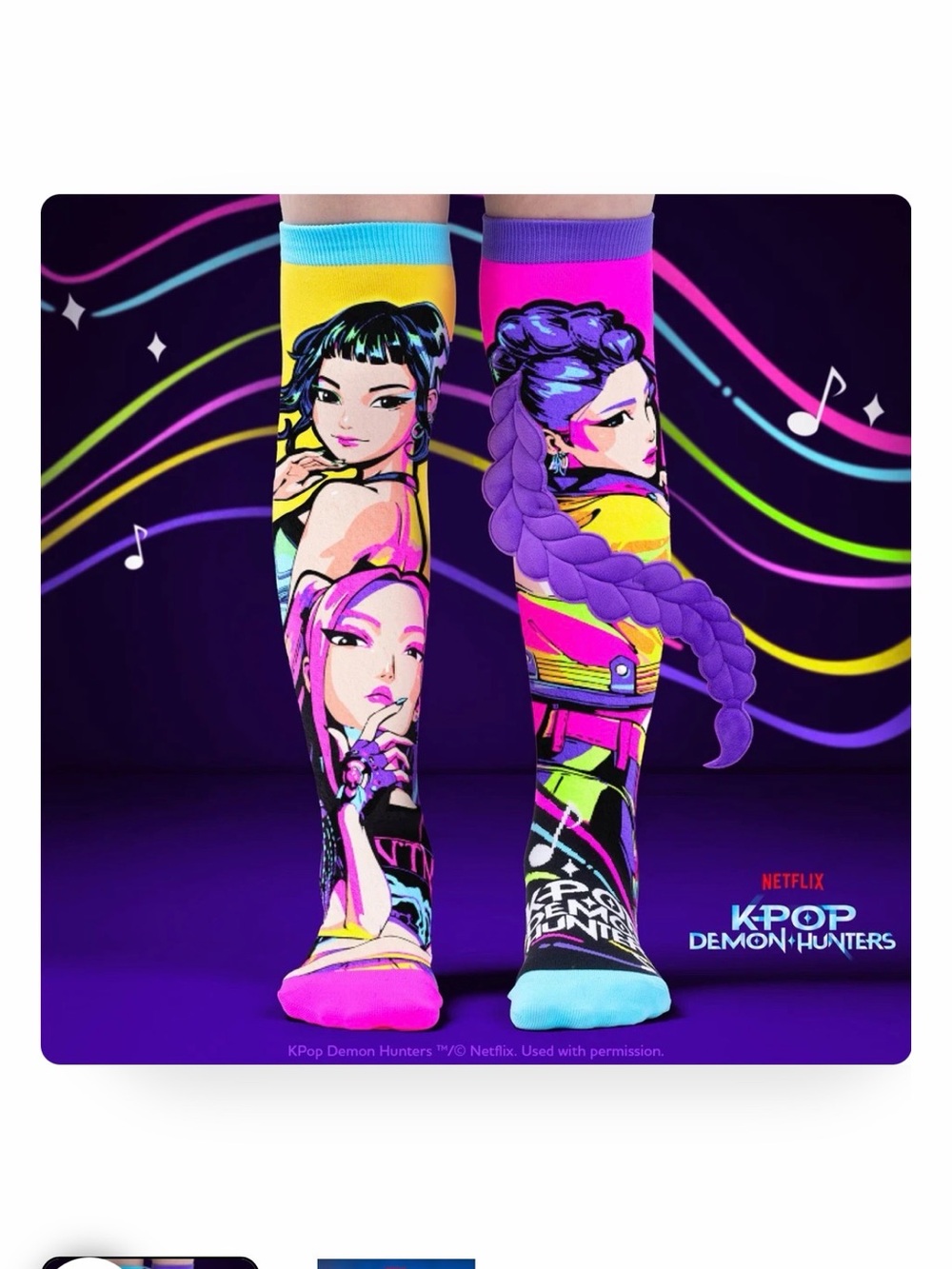 K pop Demon Hunters Neon Character Crew Socks - Pink, Purple, Yellow, Blue